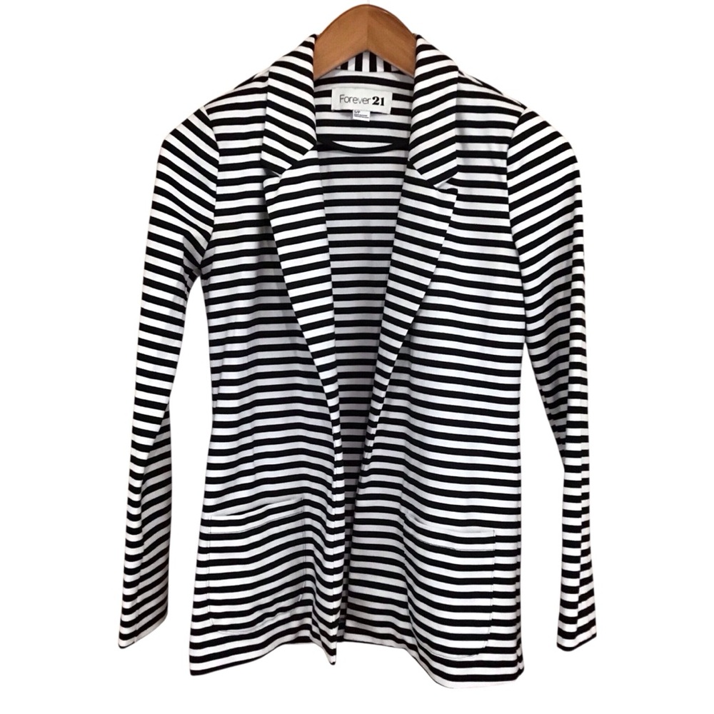 Forever 21 Black and White Striped Blazer Open Jacket S